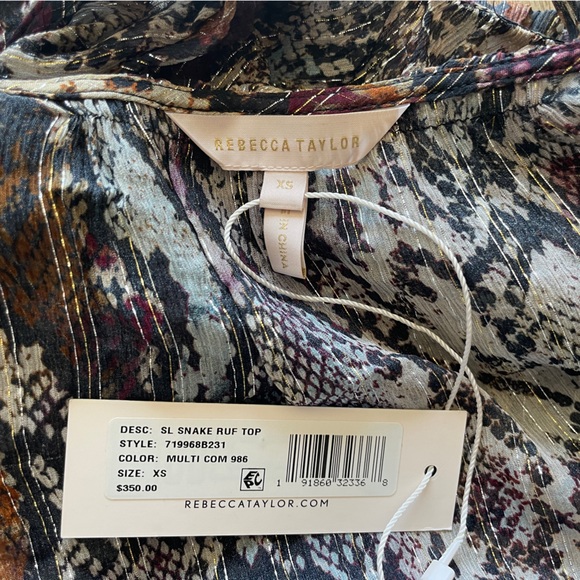 NWT Rebecca Taylor Watercolor Snake Print Elbow Sleeve Ruffle Hammered Silk Top - Picture 4 of 9